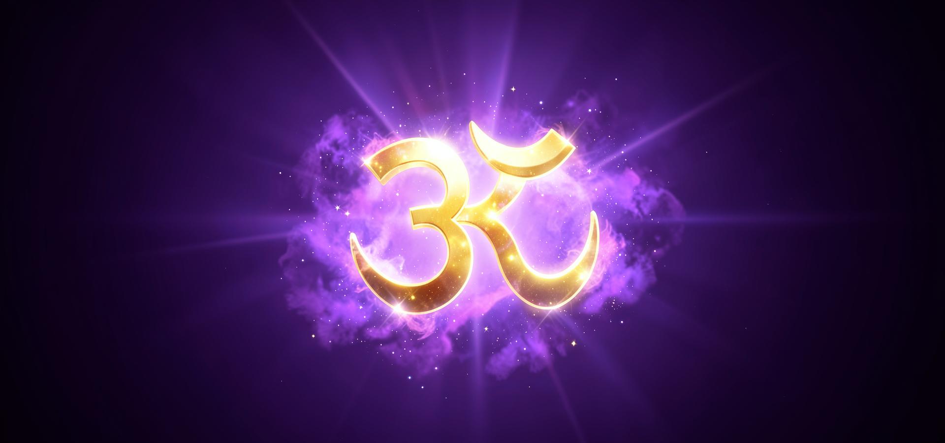 Golden Om symbol glowing in violet cosmic mist